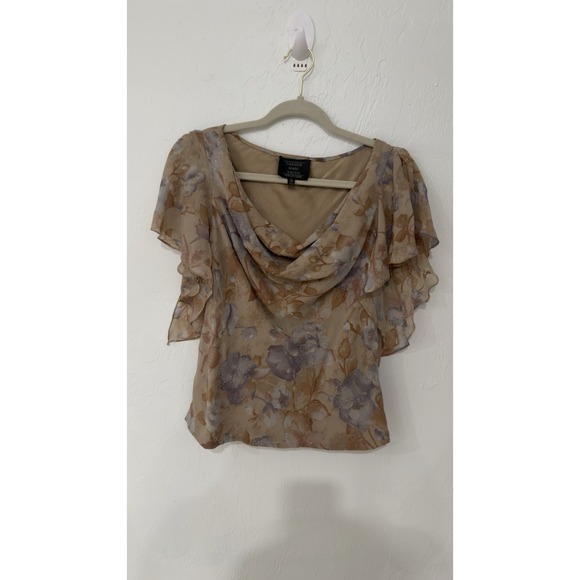Carmen Marc Valvo silk floral beige draped blouse with beaded details size 12 - Picture 2 of 8